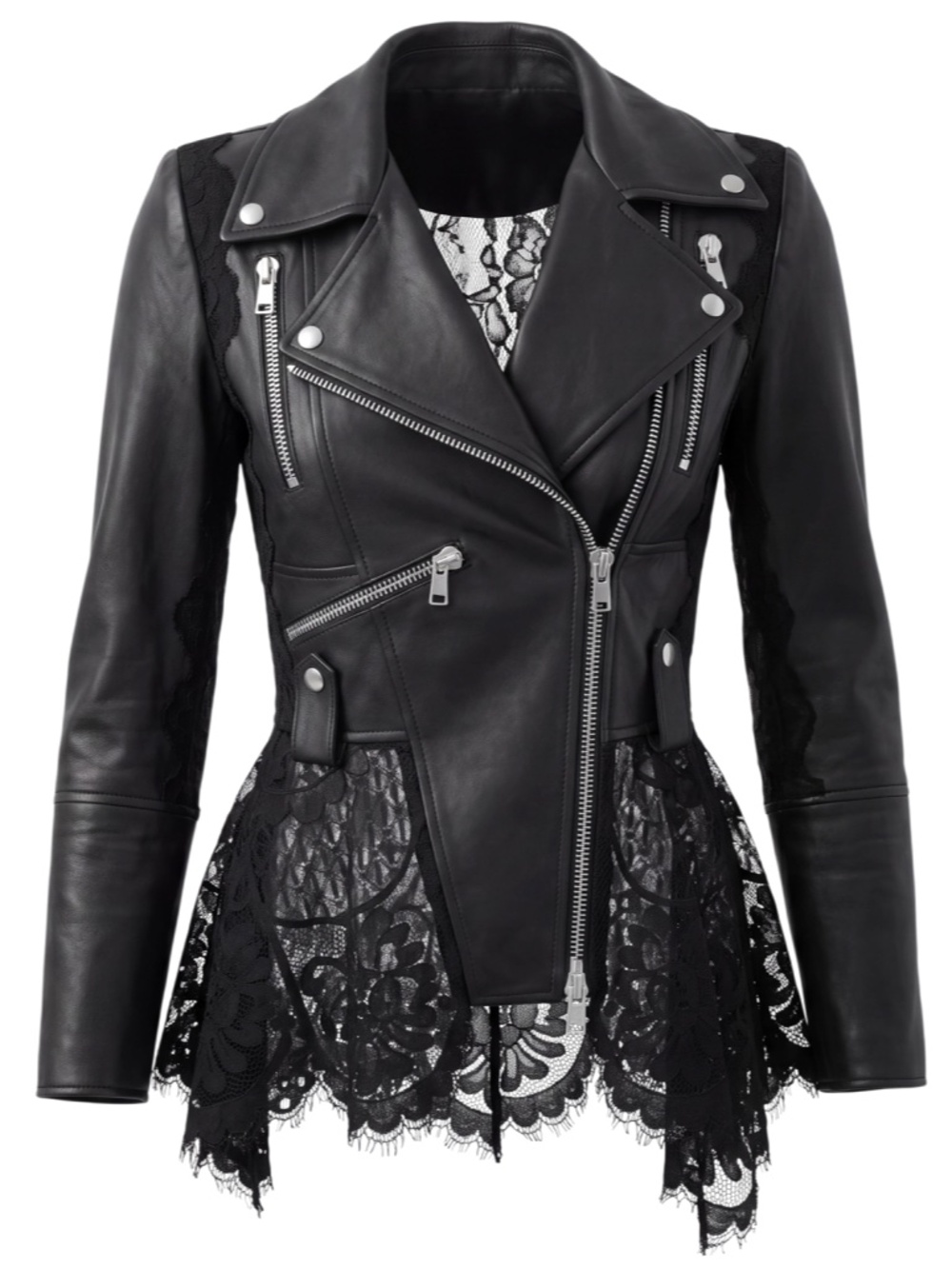 ALEXANDER MCQUEEN BLACK LACE TRIMMED LEATHER BIKER JACKET
